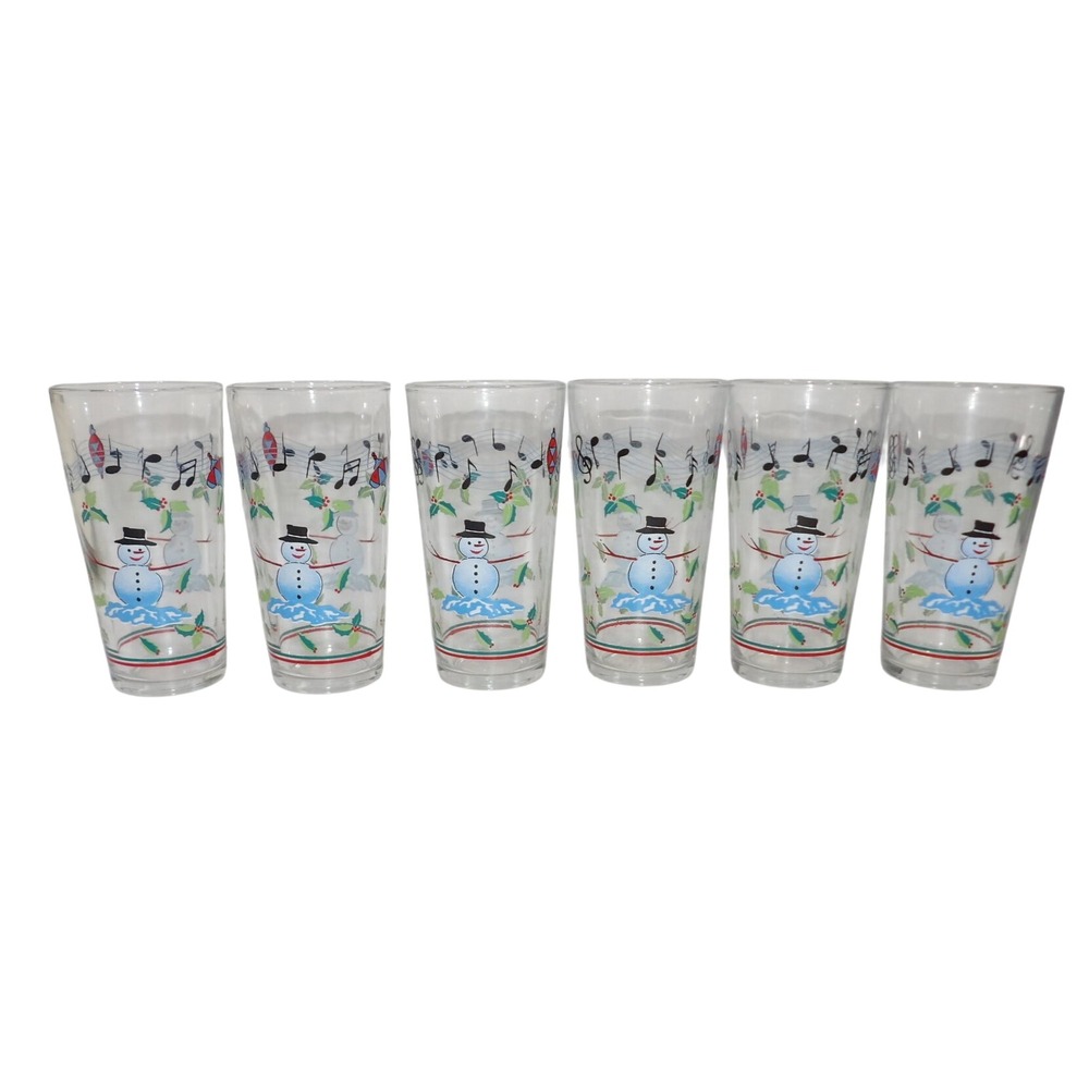 Vintage Christmas Snowman Musical Notes Glass Tumblers Set of 6 Holiday 6 Inch